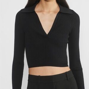 Aritzia Bavaton Black V-Neck Ribbed Crop Top